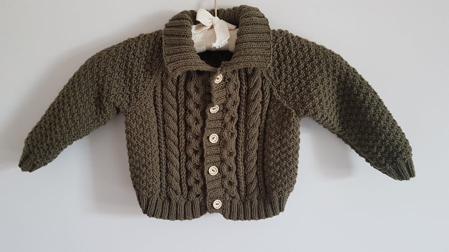 Child's Hand Knitted Olive Green Cardigan 22"