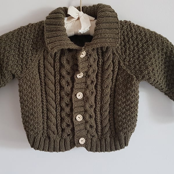 Child's Hand Knitted Olive Green Cardigan 22"