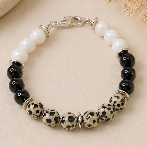  Dalmation Jasper,Black Onyx and White Chalcedony Bracelet