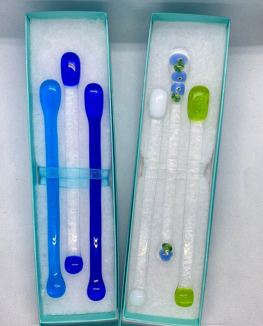 Boxed trio of handmade fused glass cocktail stirrers 