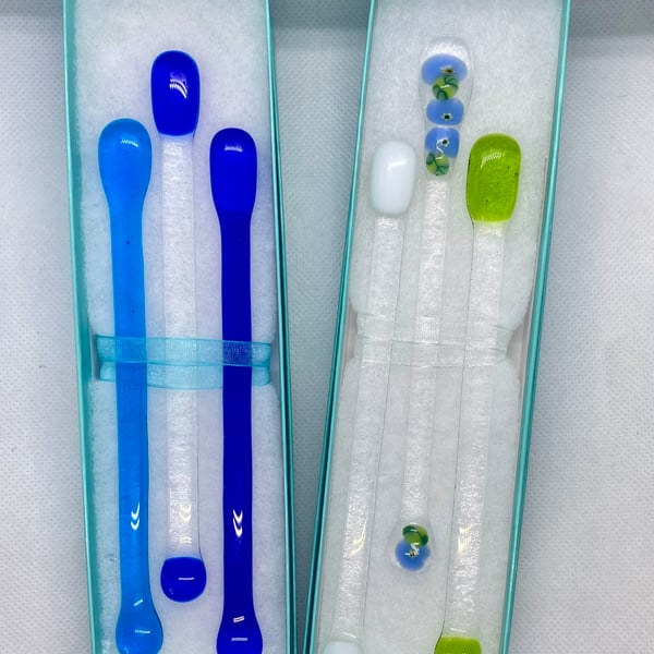 Boxed trio of handmade fused glass cocktail stirrers 