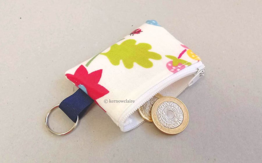 Mini coin purse key ring in white with birds & flowers