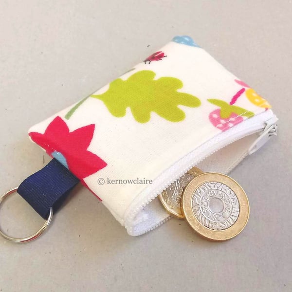 Mini coin purse key ring in white with birds & flowers