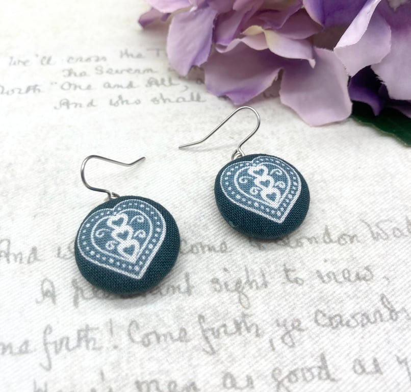 Perfectly Imperfect - Scandi love Hearts fabric button dangle earrings