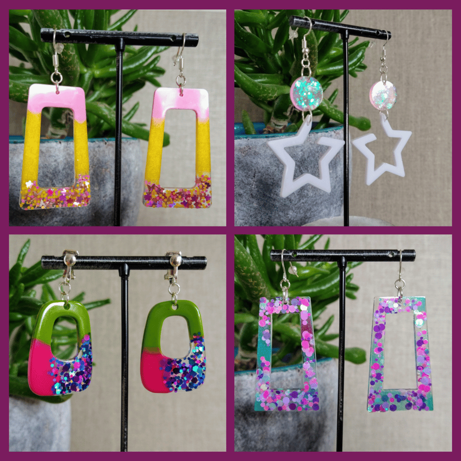 Various unique resin earrings, pierced and clip-on