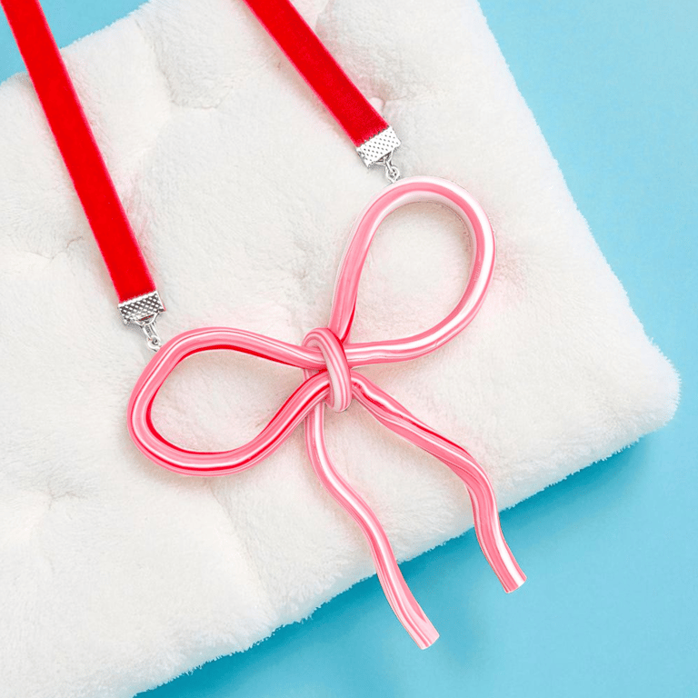 Handmade Candy Cane Bow Necklace - Christmas Jewellery Gift