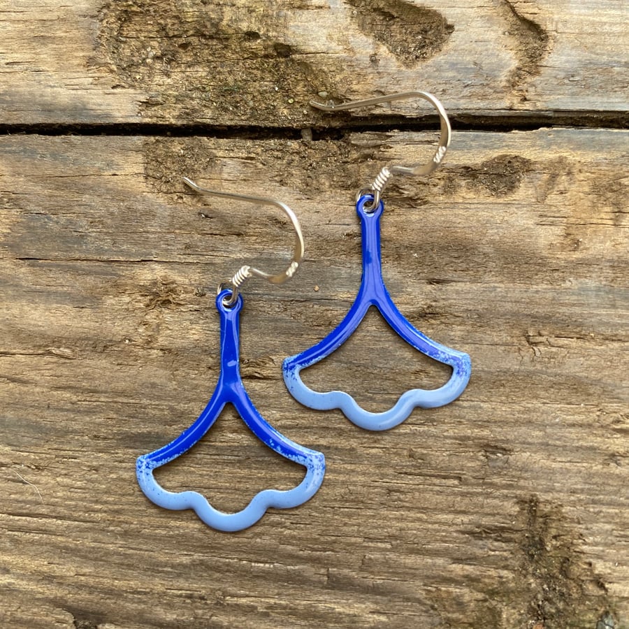 Two Tone Blue Enamel Flower on Sterling Silver Earrings