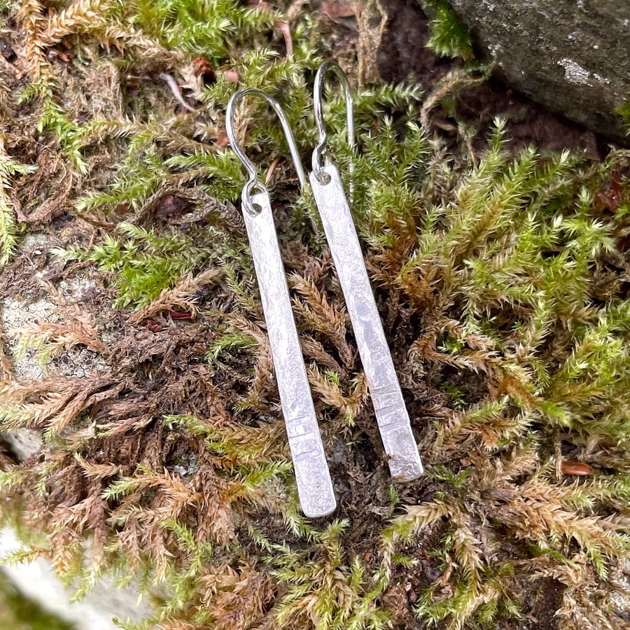 Notched Pins long forged silver dangle earrings