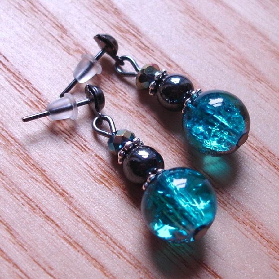 Sparkly Crackle Glass, Magnetic Hematite and Crystal Bead Earrings