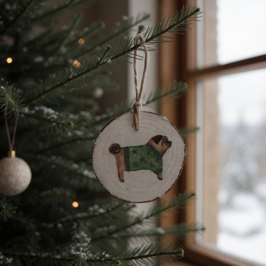 Pug in a Christmas Jumper Round Wooden Christmas Decoration Tree Ornament