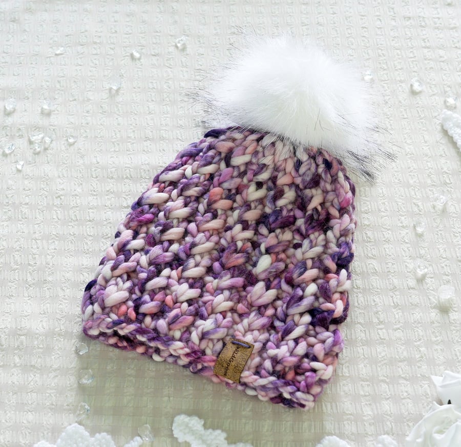 Luxury Hand Knit Hat in premium Merino Wool: Optional pom. Adult size