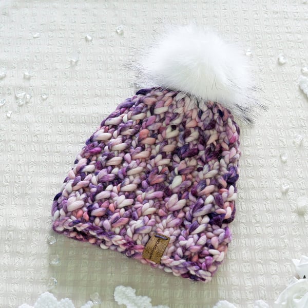 Luxury Hand Knit Hat in premium Merino Wool: Optional pom. Adult size