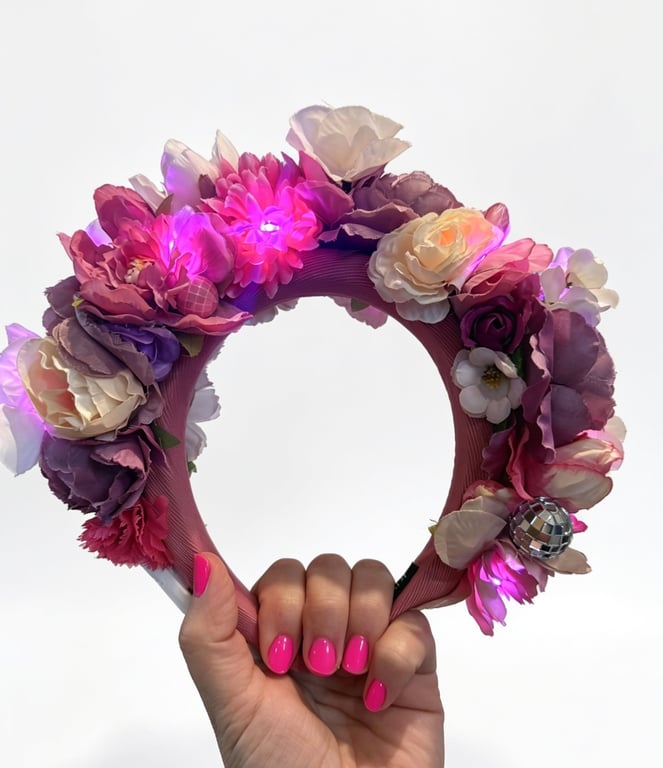 LED Light Up Purple Boho Pink Floral Headband Festival Flower Crown with Disco