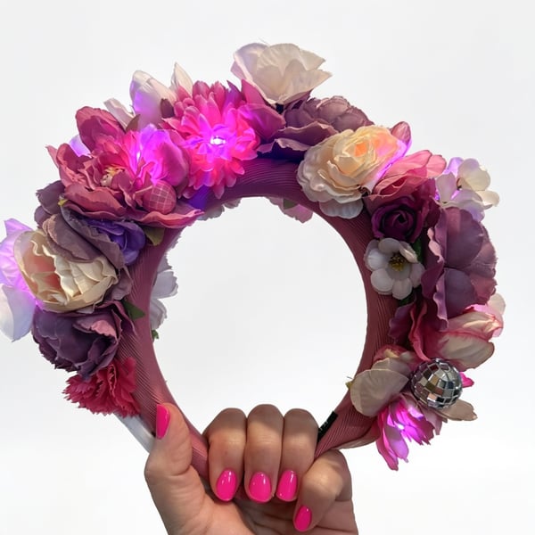 LED Light Up Purple Boho Pink Floral Headband Festival Flower Crown with Disco