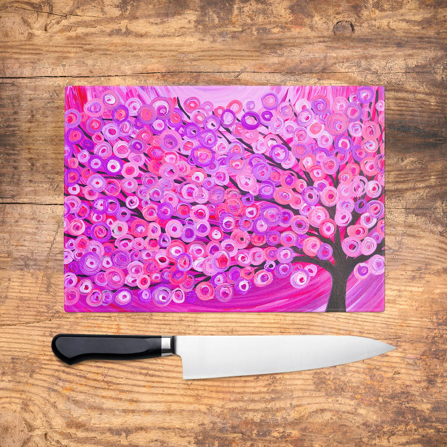 Raspberry Pink Tree Glass Chopping Board - Pink and Purple Worktop Saver, Platte