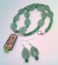 Green Flower Pattern Glass Rectangle on a Leaf & Round Bead Necklace & Earrings  - Image 6