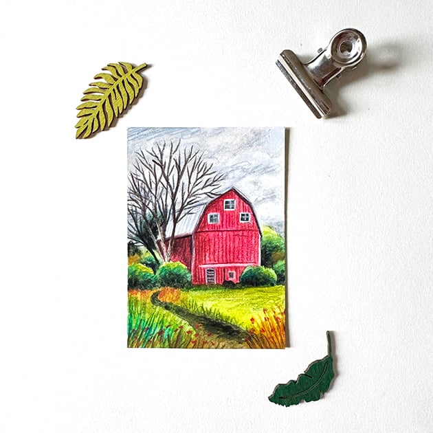 Original ACEO Red Barn Miniature painting - One of a kind