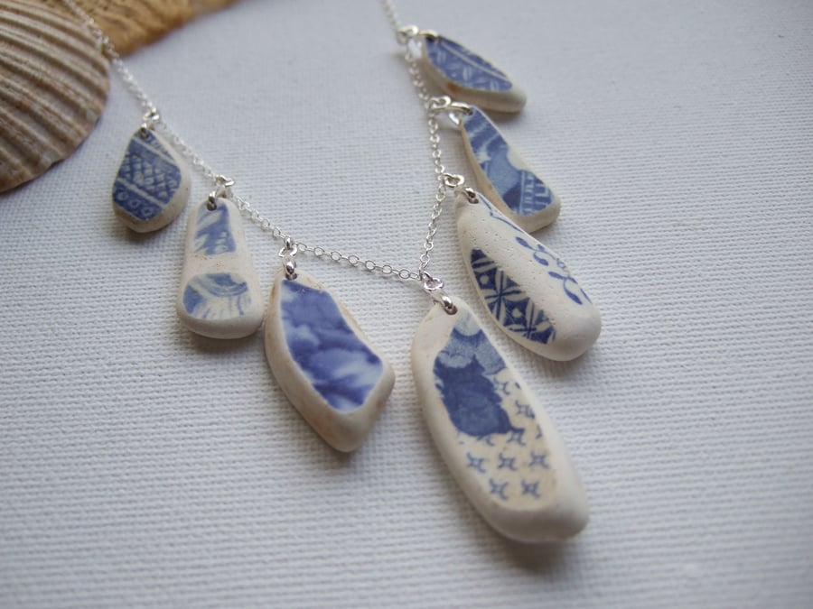 Scottish sea pottery necklace, beach pottery jewellery, blue long 18"