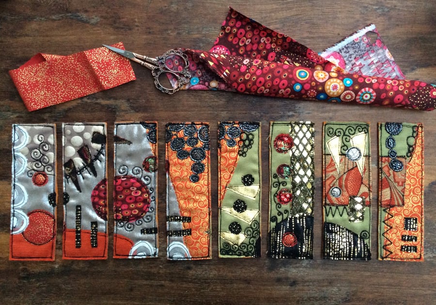 Embroidered gold up-cycled Klimt inspired pattern bookmarks. 