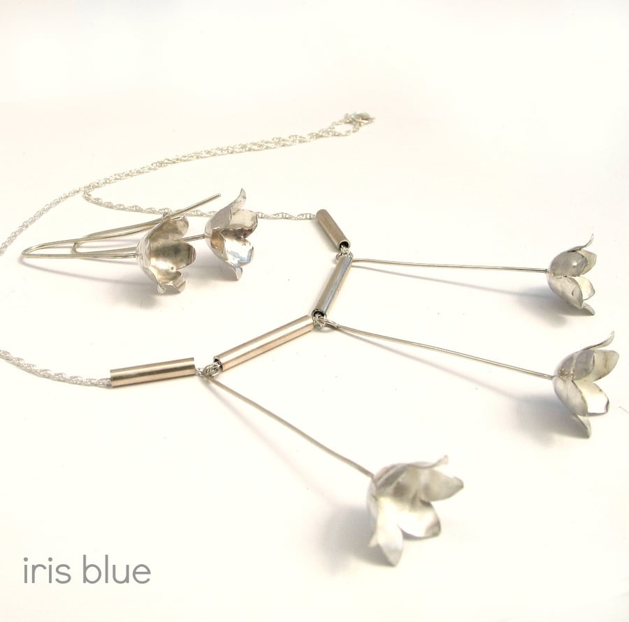 Silver Flower Necklace and Earring Set