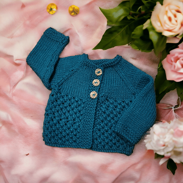 Beautiful hand knitted baby cardigan 0-3 months teal