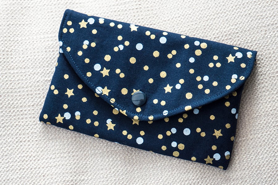 Padded Pouch Navy Blue Gold Stars for Mobile Phone Make-Up Credit Cards Tissues