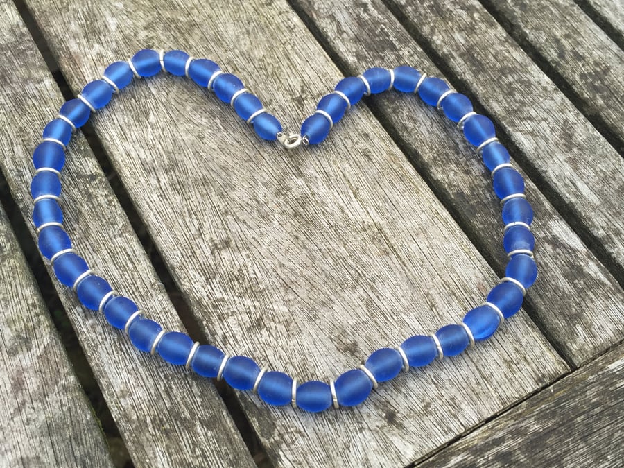 Blue frosted glass bead necklace
