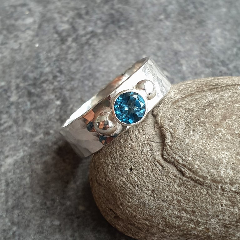 London blue topaz ring, November ring, Wide band silver ring