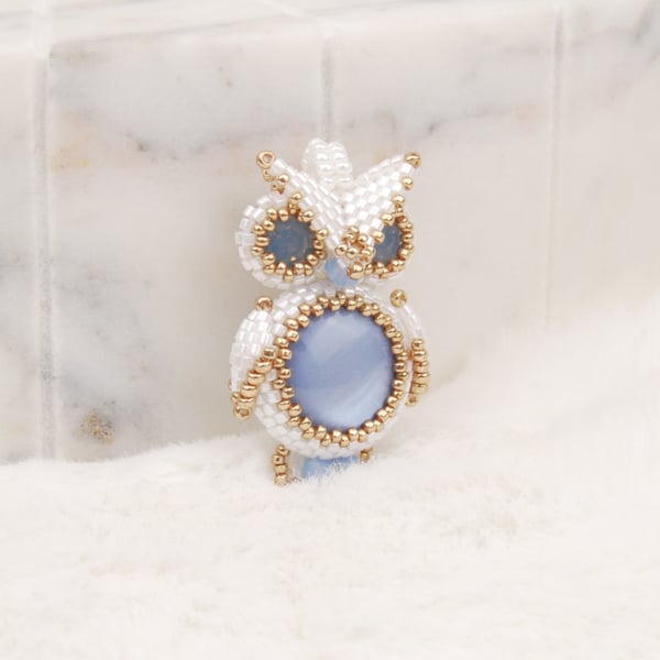 Owl beaded pendant in blue, gold and white, Owl lovers gift, Handmade jewellery