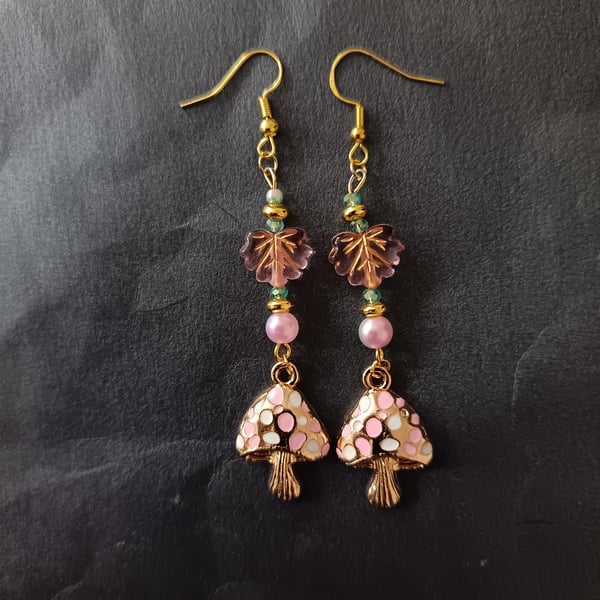 Cottage core pastel beaded dangle earrings with toadstool charms 