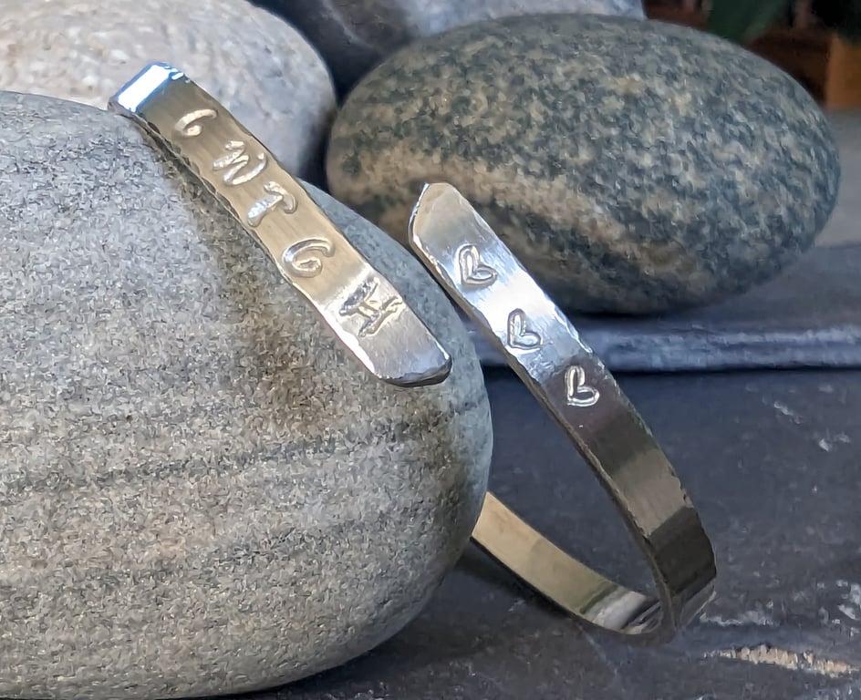 CWTCH and Hearts, Hand Stamped Recycled Sterling Silver Open Bangle
