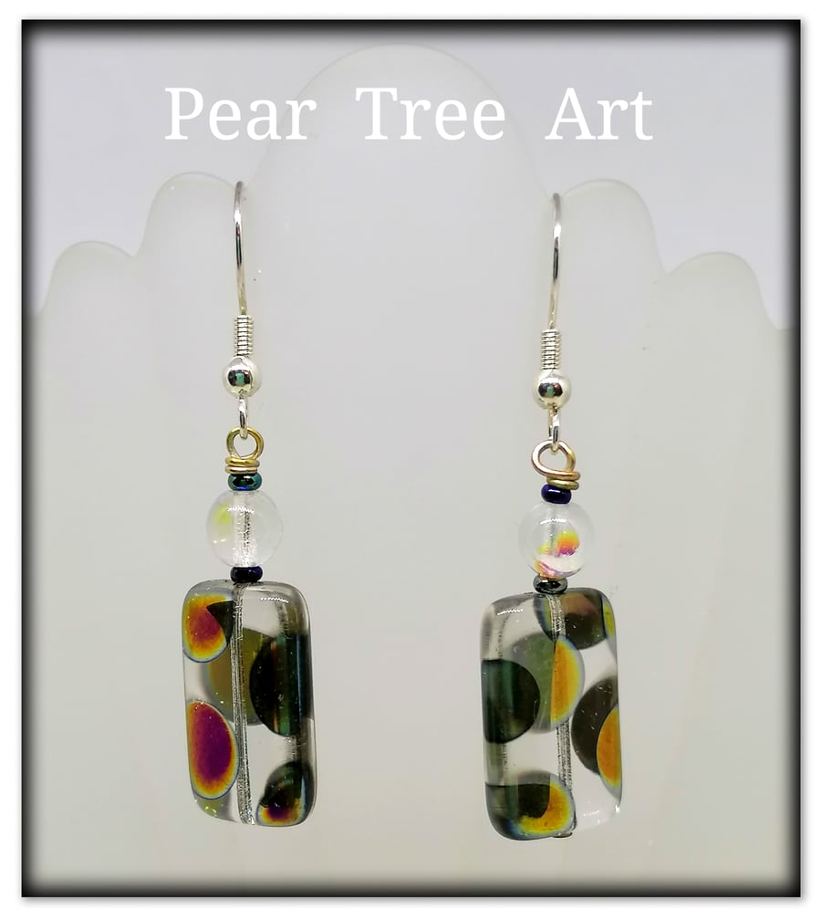  Glass bead earrings with metallic spot pattern on Silver plated hooks.