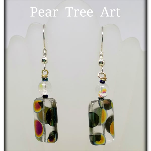  Glass bead earrings with metallic spot pattern on Silver plated hooks.