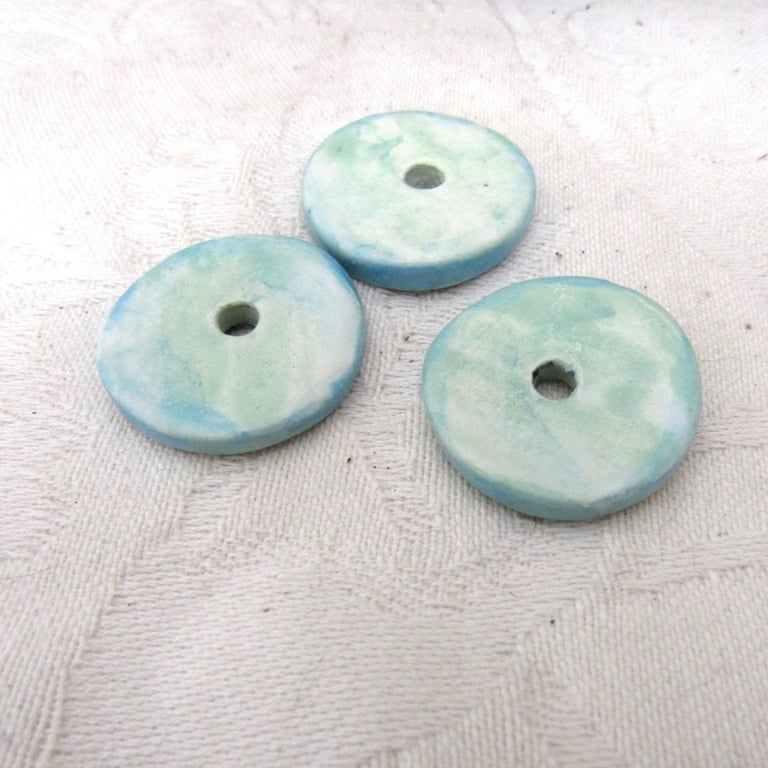 3 Extra-Large Light Green and Bright Blue Glazed Ceramic Disc Beads
