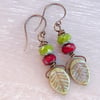 Czech Glass Earrings, Leaf Earrings, Ruby Red Earrings, Olive Green Earrings.