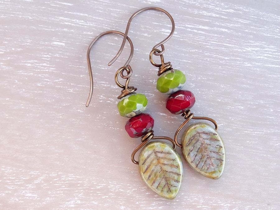 Czech Glass Earrings, Leaf Earrings, Ruby Red Earrings, Olive Green Earrings.