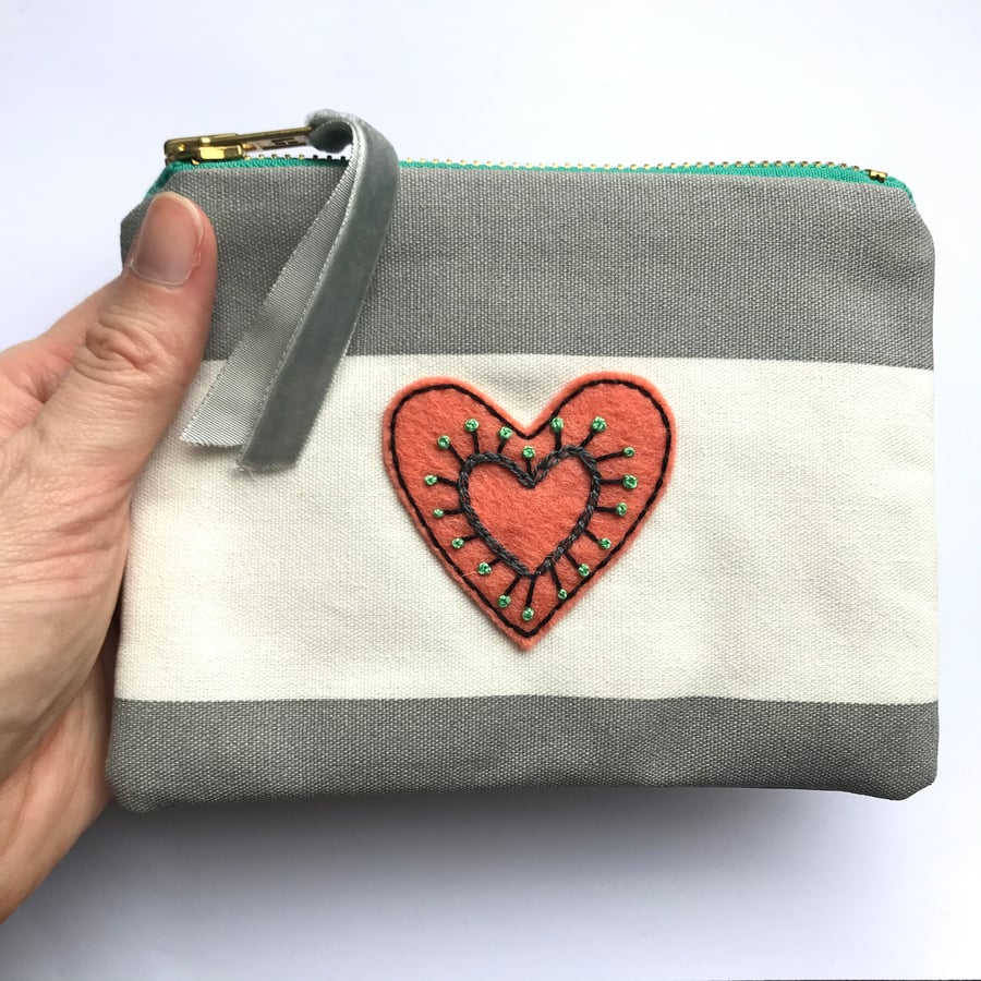 Embroidered Heart Purse Zipped Pouch