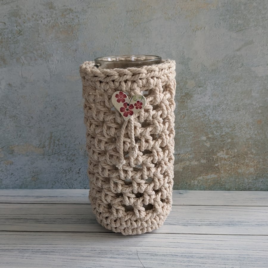 Crochet vase, recycled jar cover, home decor