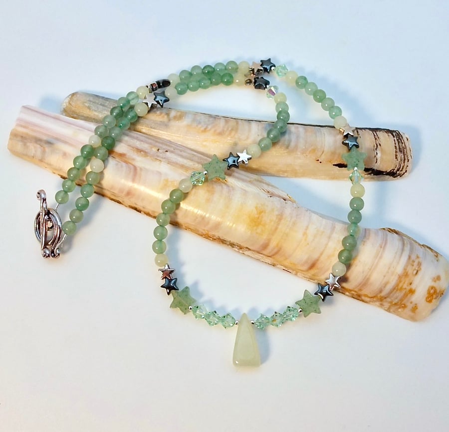 Aventurine Necklace With New Jade, Stars & Swarovski Crystals, Gifts For Her
