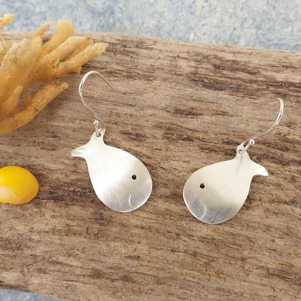 Dangly smiley silver fish earrings