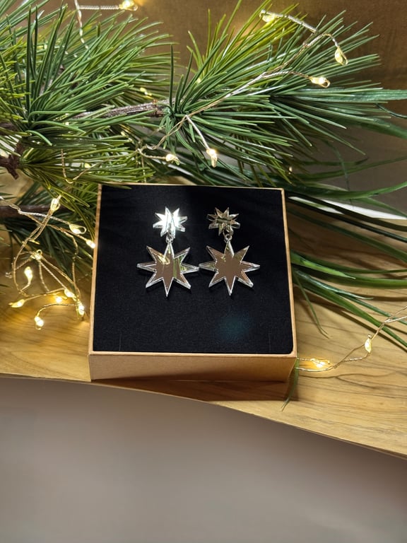 Double Star Christmas Drop Earrings - Silver