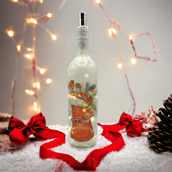 Robin Decoupaged bottle light for Christmas with LED lights