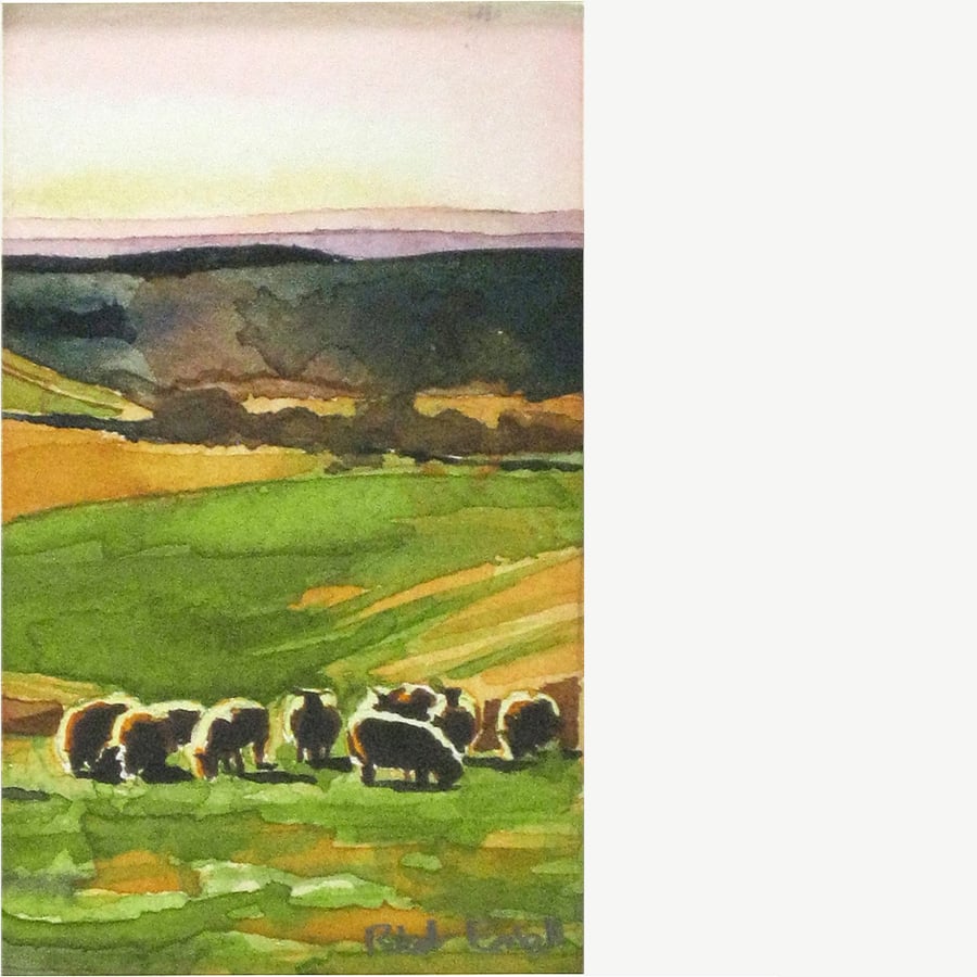 Grazing sheep near the South Downs, Sussex. Original watercolour.