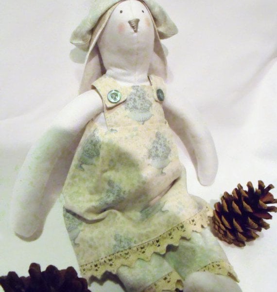 Tilda style cream bunny rabbit doll for display, green floral outfit