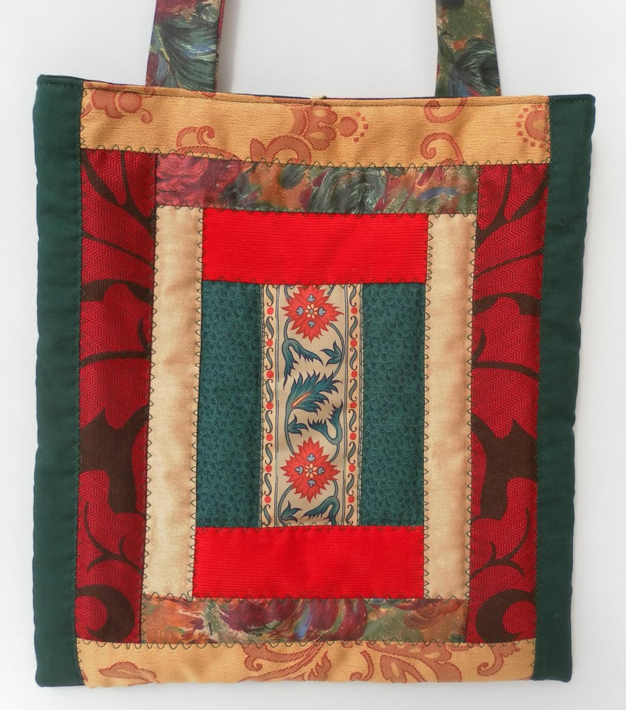  Quilted, Patchwork, Shoulder Bag, Shades of Green, Gold and Red