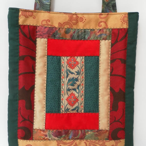  Quilted, Patchwork, Shoulder Bag, Shades of Green, Gold and Red