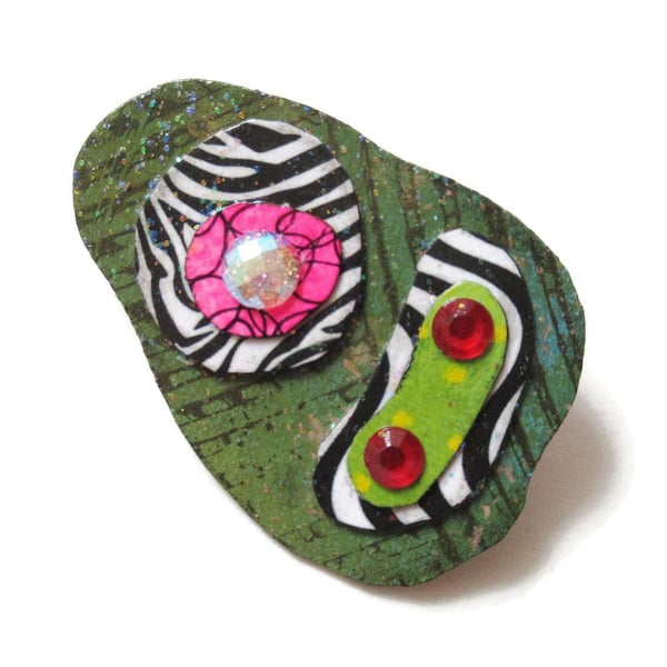 Colour Clash Brooch Black White Striped Green Pink Op Art Statement Pin
