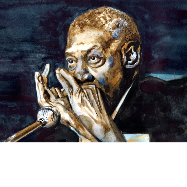 Sonny Boy Williamson. Original watercolour painting, signed by the artist.