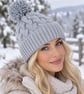 Ladies Chunky Hand-knitted Bobble Hat, Soft Grey Cable Design 