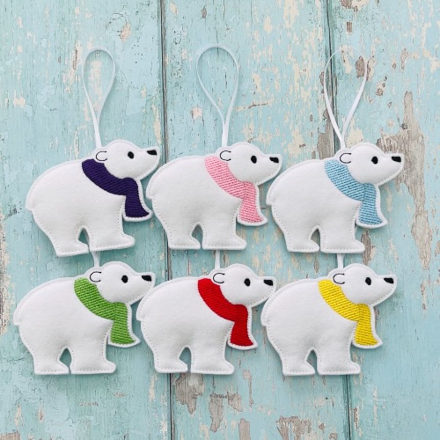 Polar Bear With Scarf Christmas Hanging Decoration Personalised Gift